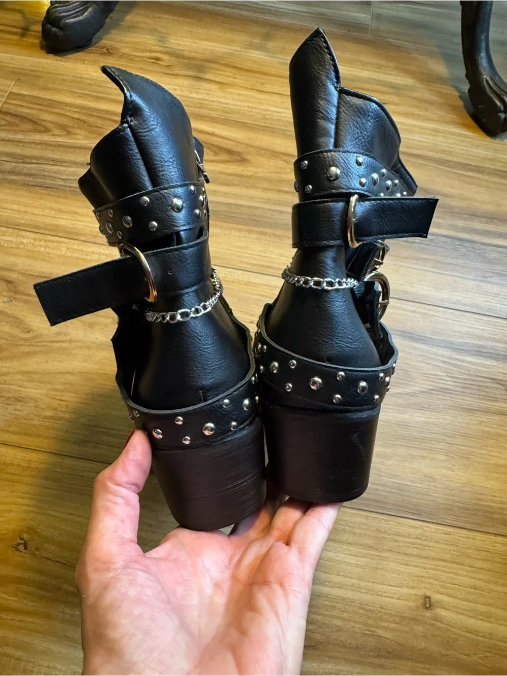 Women's Black Studded Ankle Booties with Decorative Straps
